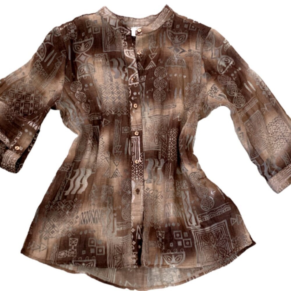 Rebecca Malone Chiffon Button‎ Down Tunic Top Sz M Brown #87F
